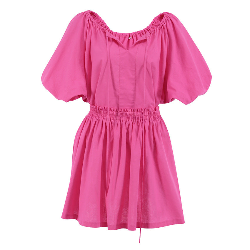 Summer New Fashion Leisure Suit V-Neck Cotton Hemp Women Lantern Sleeve Shirt Short Two-Piece Set