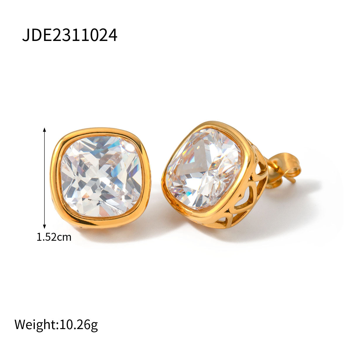 5pcs Fashion 18K Gold Stainless Steel Zircon Square Hollow Inlaid Zircon Earrings Pendant Necklace Jewelry