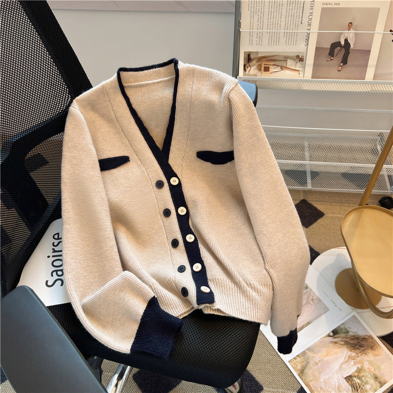 Small Fragrance Quality Double Breasted Knitted Cardigan Women's Design Sense Of Color Patchwork Small Soft Waxy Sweater Coat Top