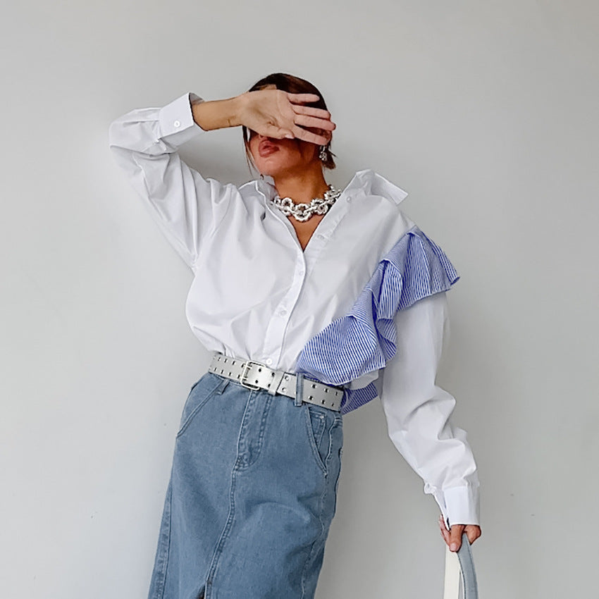 Spring Simple White Lapel Long-Sleeved Shirt With Contrasting Color Ruffled Cardigan Shirt For Women