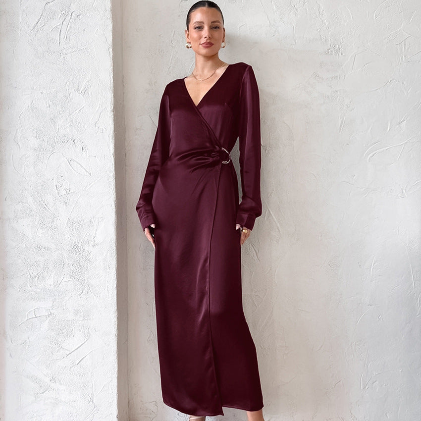 Burgundy Thin Soft Matte Color T-Neck Wrap Dress New Autumn Fashion Dress