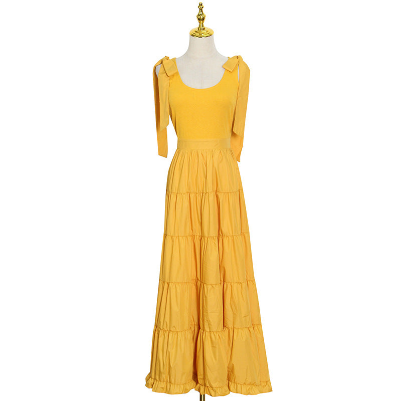 Fashion Commuter Style Spring New Bow Lace-Up Halter Solid Color Patchwork Slim Mid-Length Dress