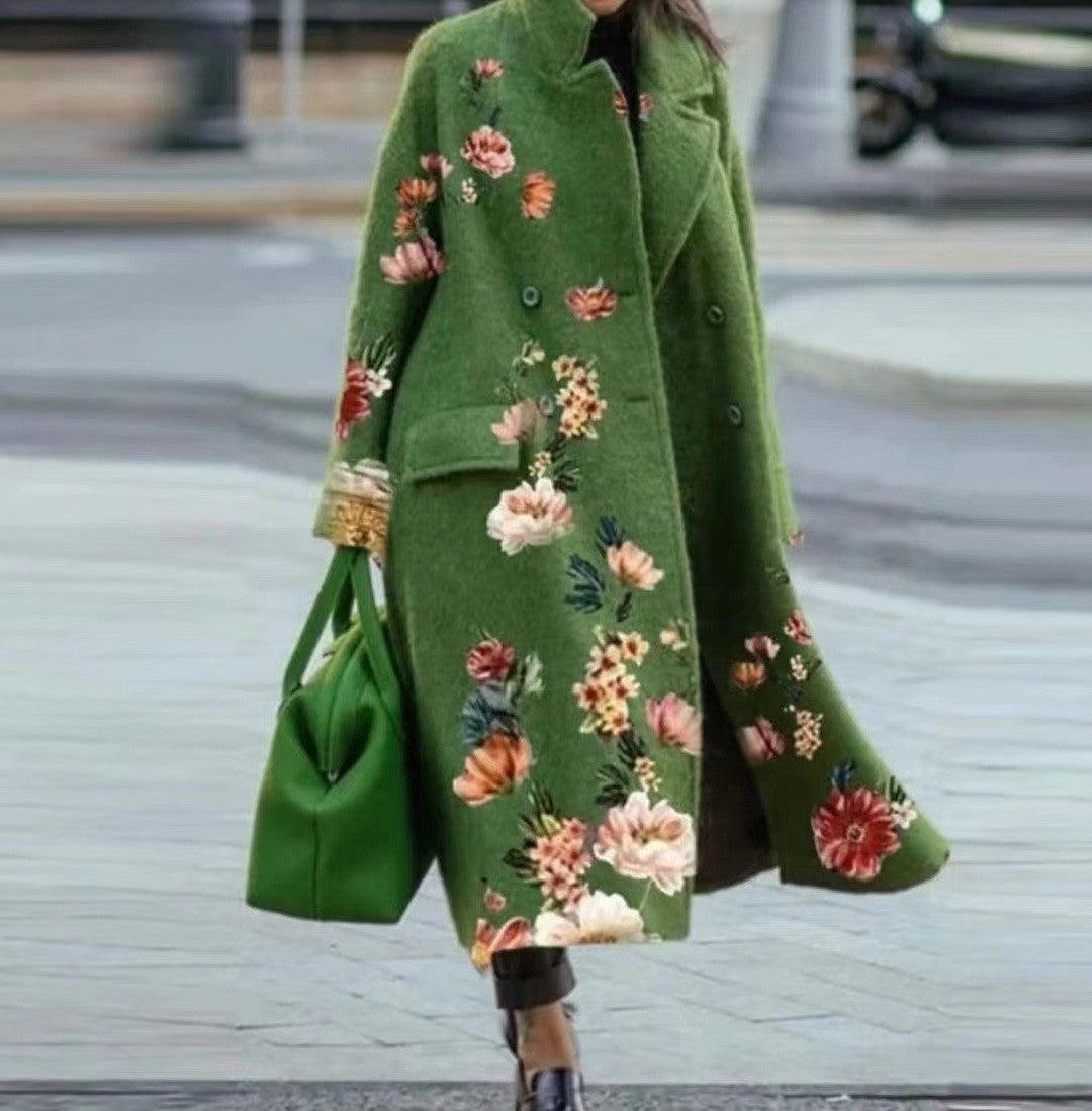 New Autumn Women's Long Sleeve Lapel Coat Printed Wool Long Coat