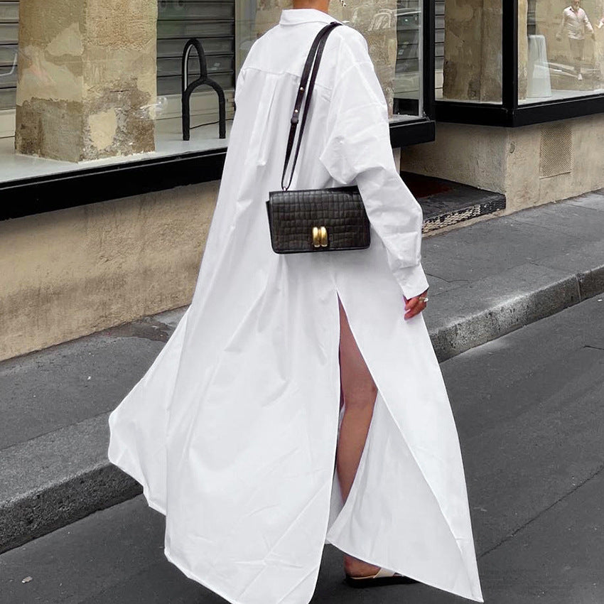 White Pure Cotton Temperament Elegant Split Long-Sleeved Dress New Autumn Fashion Loose Casual Women
