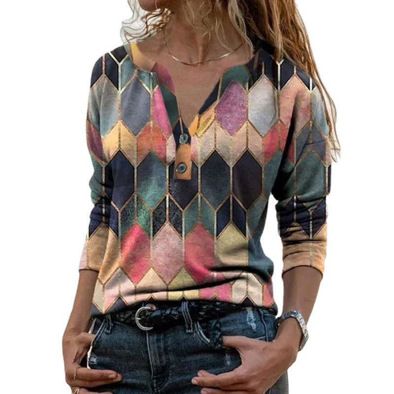 Women's Autumn And Winter New Color Contrast Printed V-Neck Long Sleeve T-Shirt Base For Women A Hair