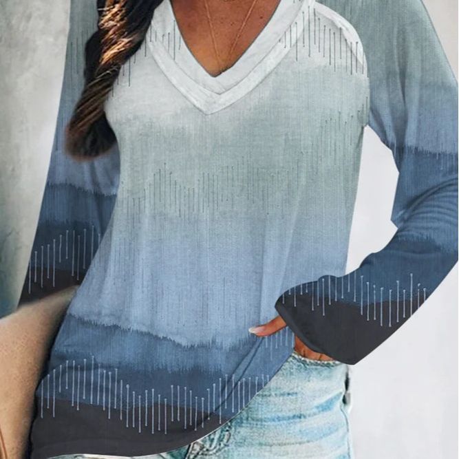 Autumn And Winter Women's Tie Dye Gradual Print V-Neck Long Sleeve T-Shirt Woman