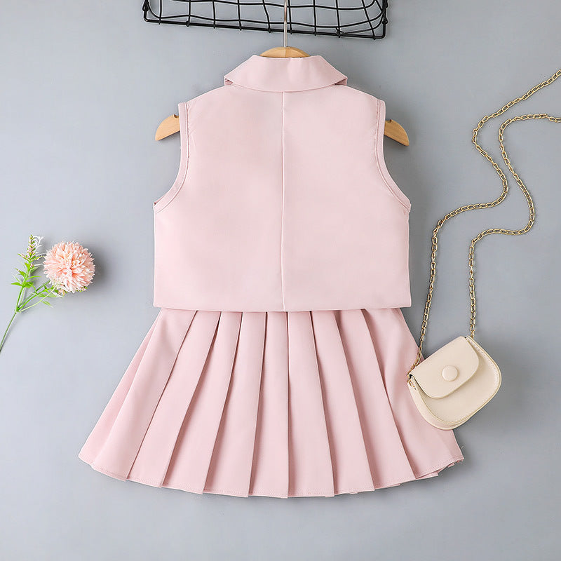 Summer Girls Halter T-Shirt + Skirt + Vest Jacket Three-Piece Pleated Skirt Suit British Style