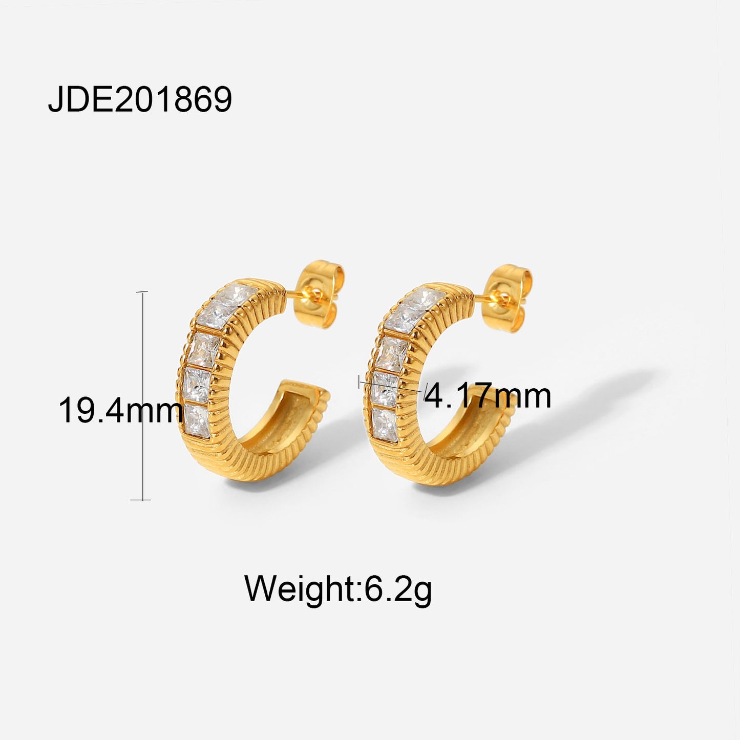 5pcs Elegant Vintage 18K Gold Stainless Steel Five Square Green Zircon Inlaid Thread C-Shaped Earrings Jewelry Women