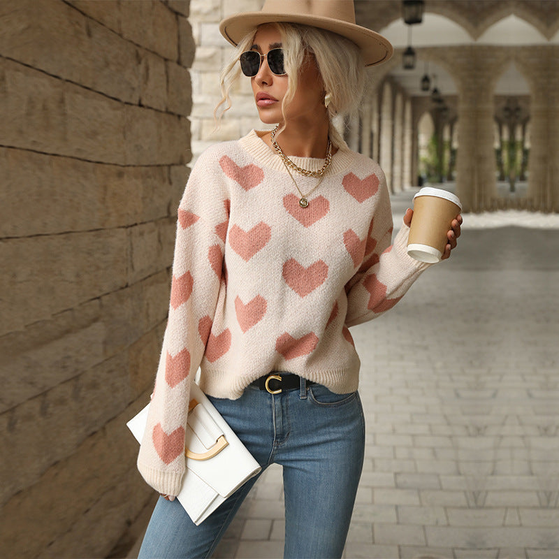 New Autumn And Winter Fashion Knitting Leisure Love Long-Sleeved Pink Sweater
