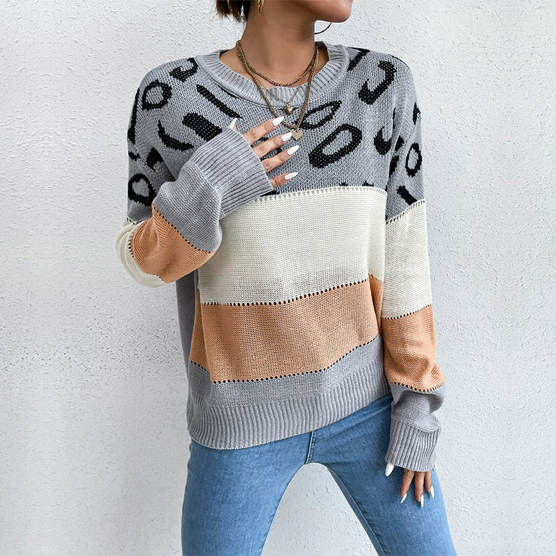 Chic Autumn and Winter Leopard Print Knit Sweater for Women
