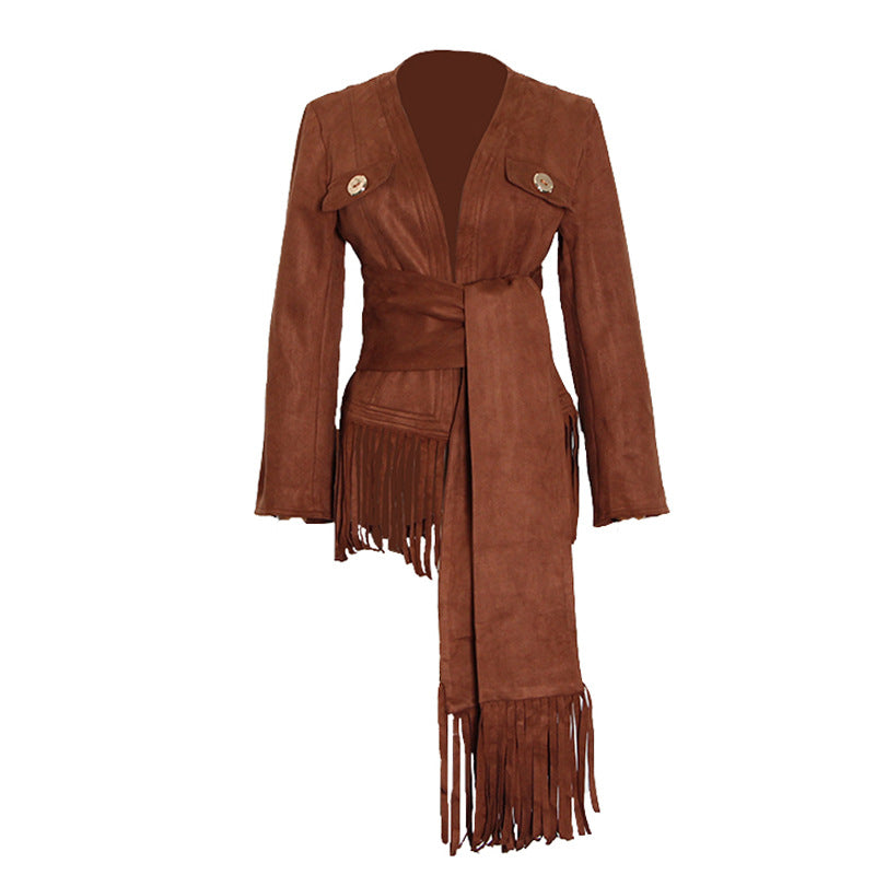 New Fashion Lace-Up Bib A Variety Of Wear With Fringe Slim Horn Long-Sleeved Coat