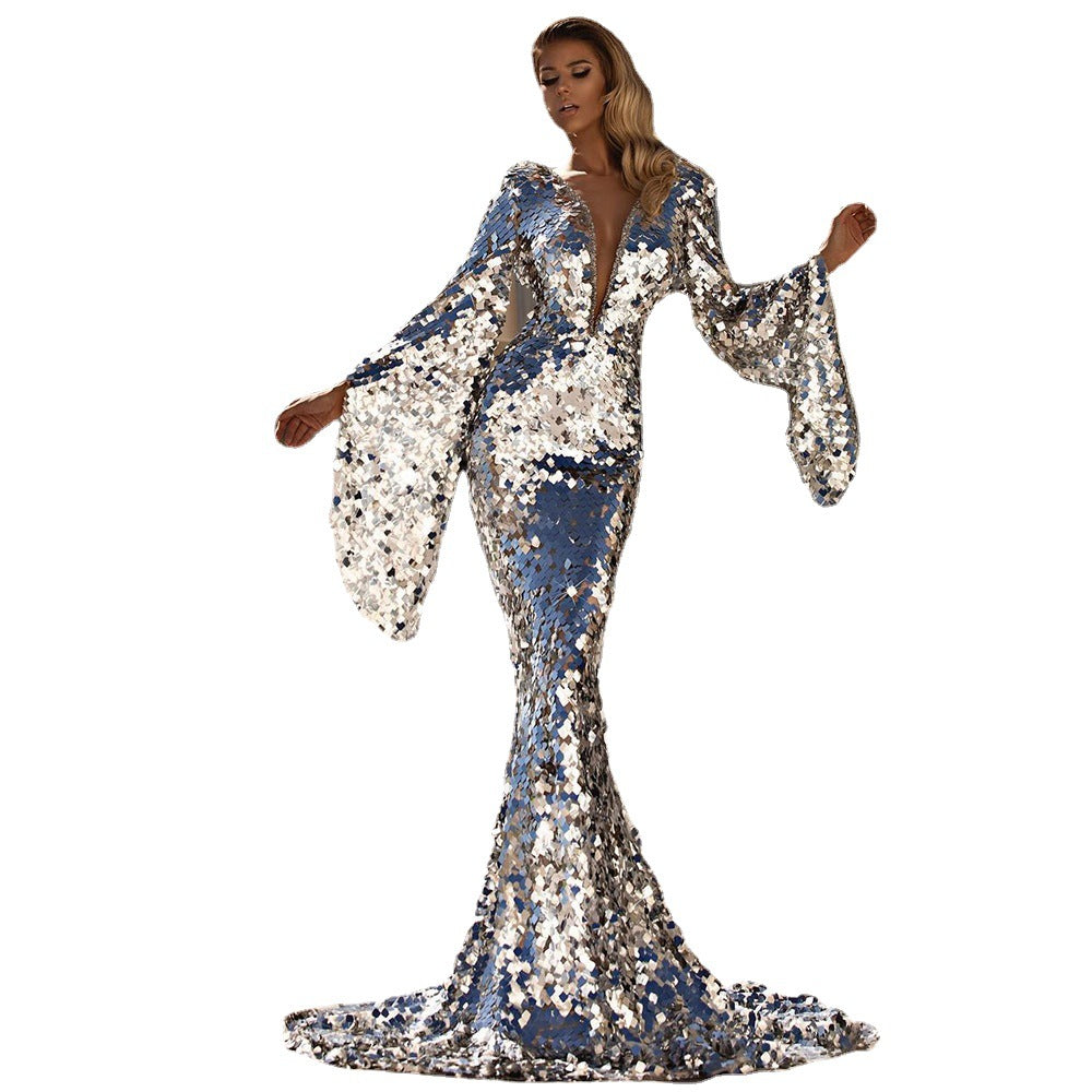 Spring New Women's Sexy Sequin Dress Silver Party Dress Cover Buttock Evening Gown