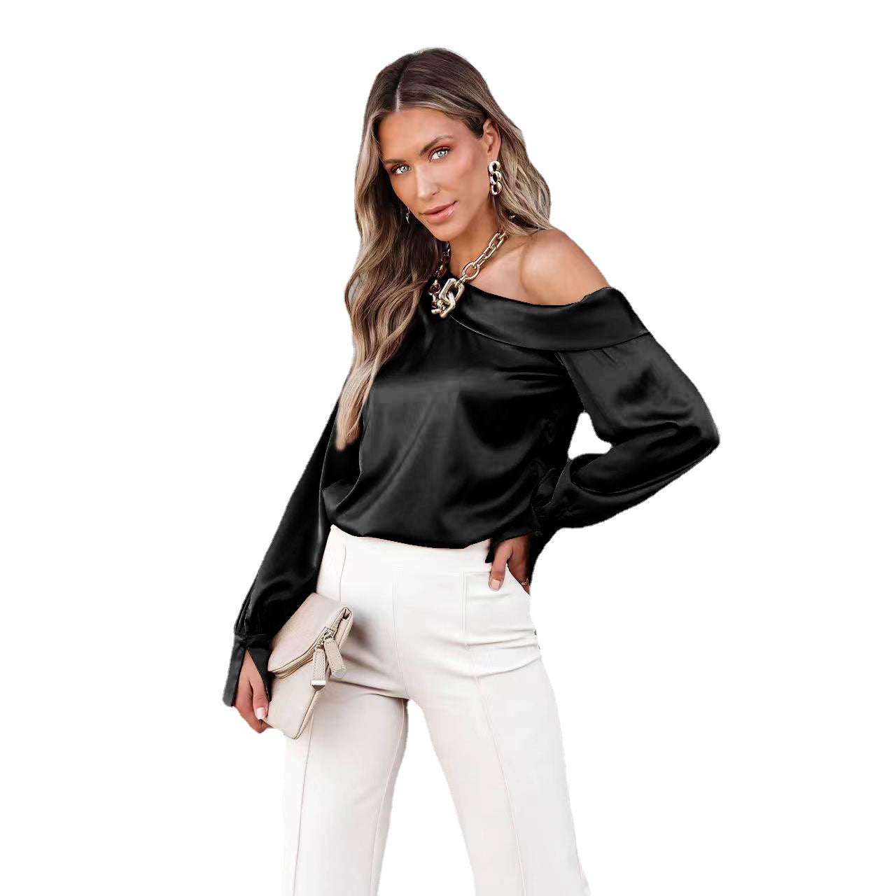 Autumn And Winter New Sexy Oblique Shoulder Long Sleeve Shirt Casual Women's Loose Satin Top