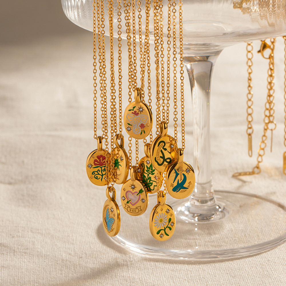 5pcs Style Enamel 18K Gold Plated Stainless Steel Pendant Necklace Does Not Fade Jewelry