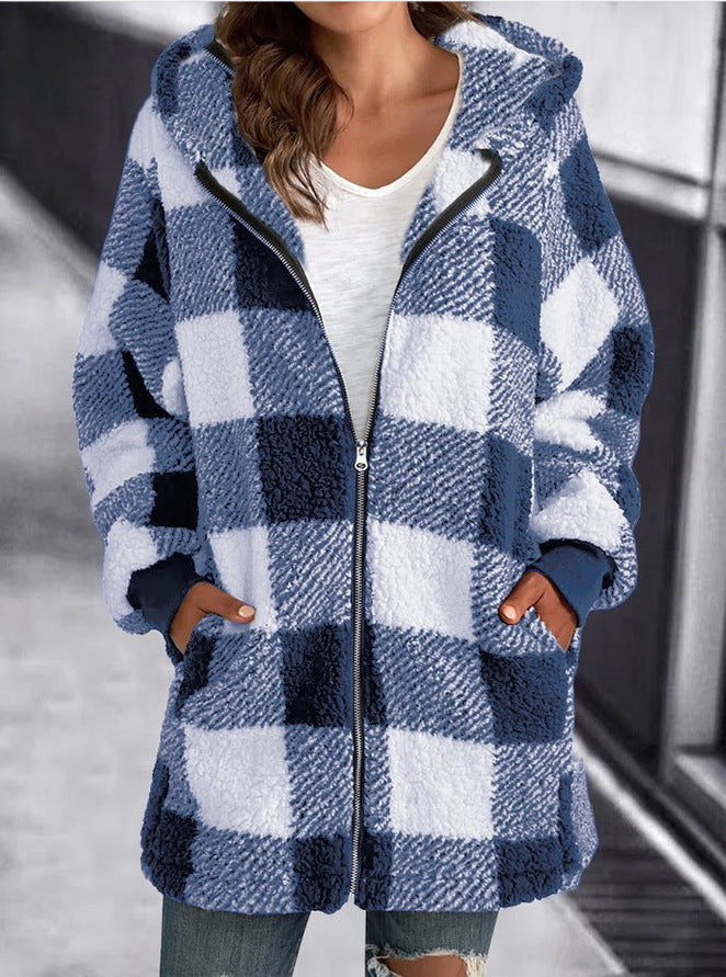 Plush Women's Coat New Long-Sleeved Plaid Hooded Zipper With Pocket Loose Coat