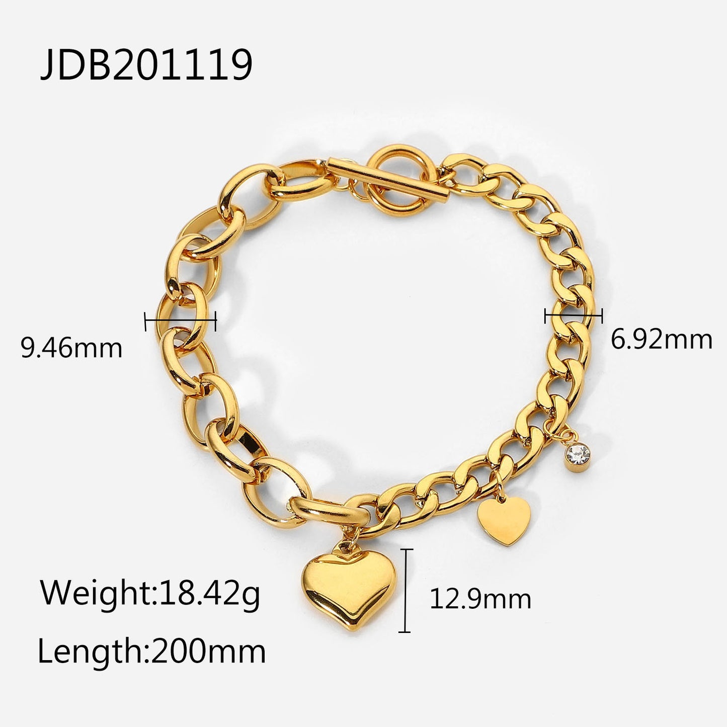 5pcs Cuban Chain Oval Chain Double Love Small Round Zirconium Pendant Ot Buckle Bracelet 18K Gold Plated Stainless Steel Bracelet
