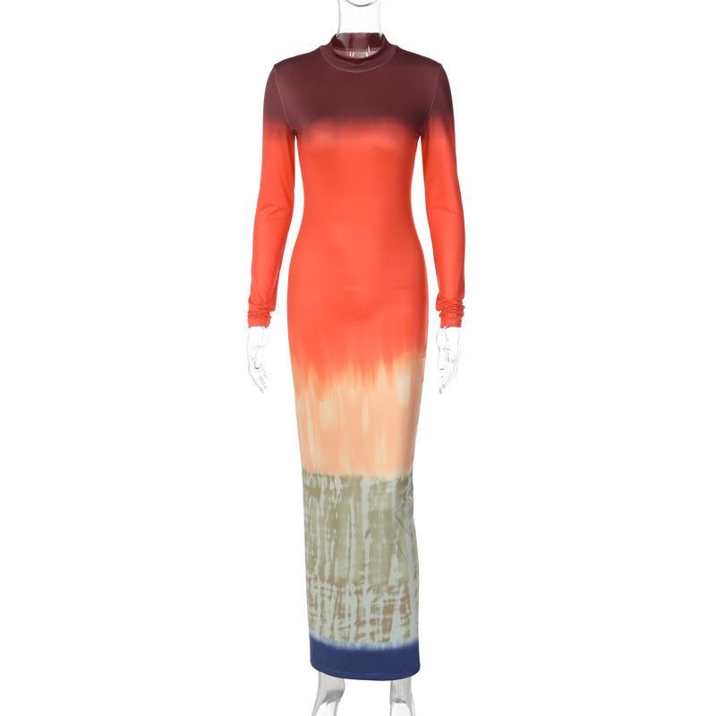 Personality Matching Color Dress Slim-Fit Set Head Round Neck Long Sleeve Sheath Skirt Increase Size Fat Mm Tall Waist Full Skirt