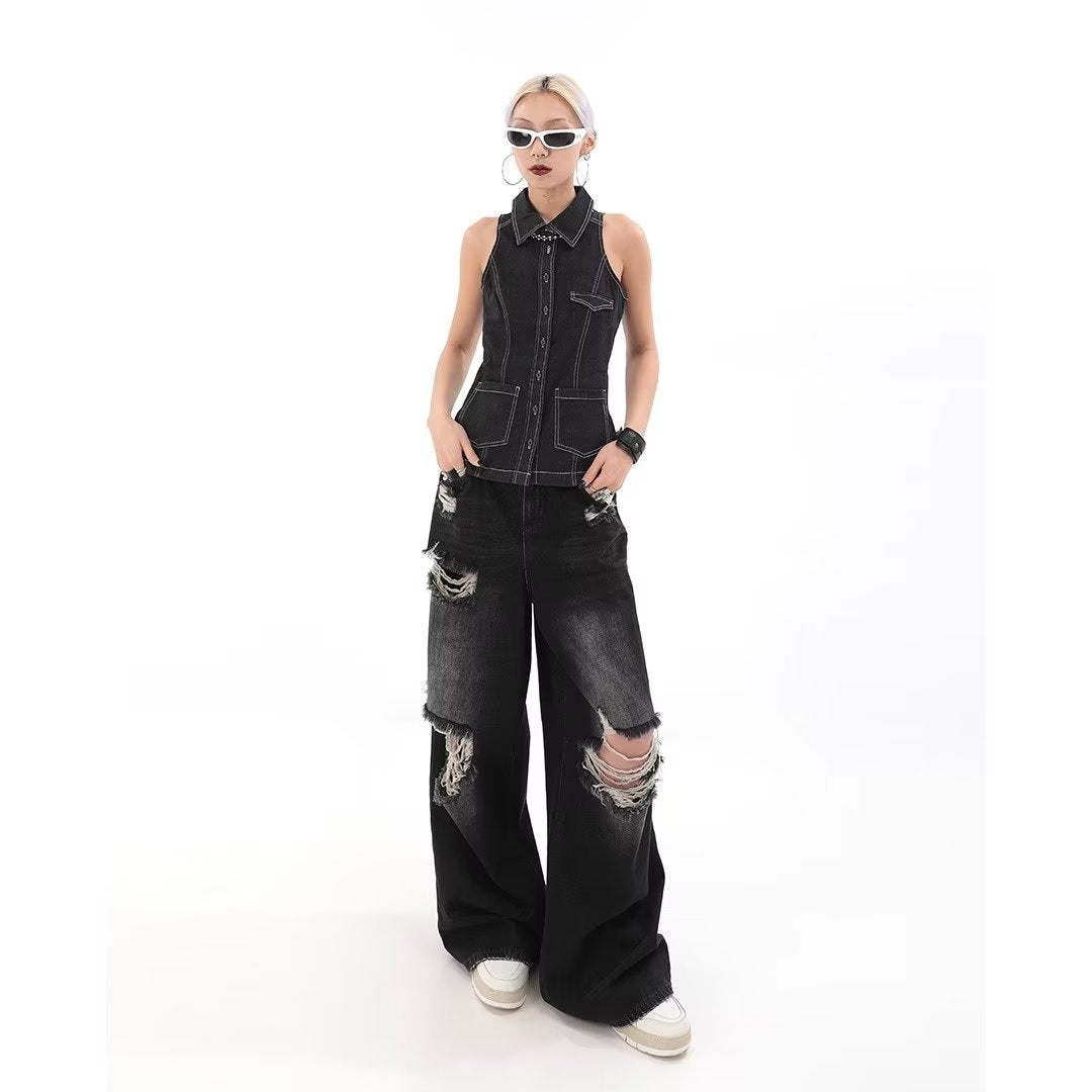 Black Ripped Jeans Female Hottie New Hip Hop Straight Floor-Length Wide-Leg Pants