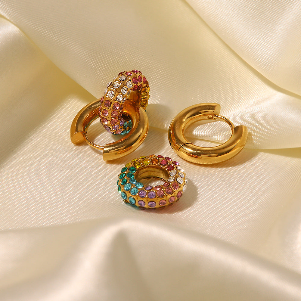 5pcs Jewelry 18K Gold Plated Multicolor Full Diamond Doughnut New Fashion All-In-One Earrings