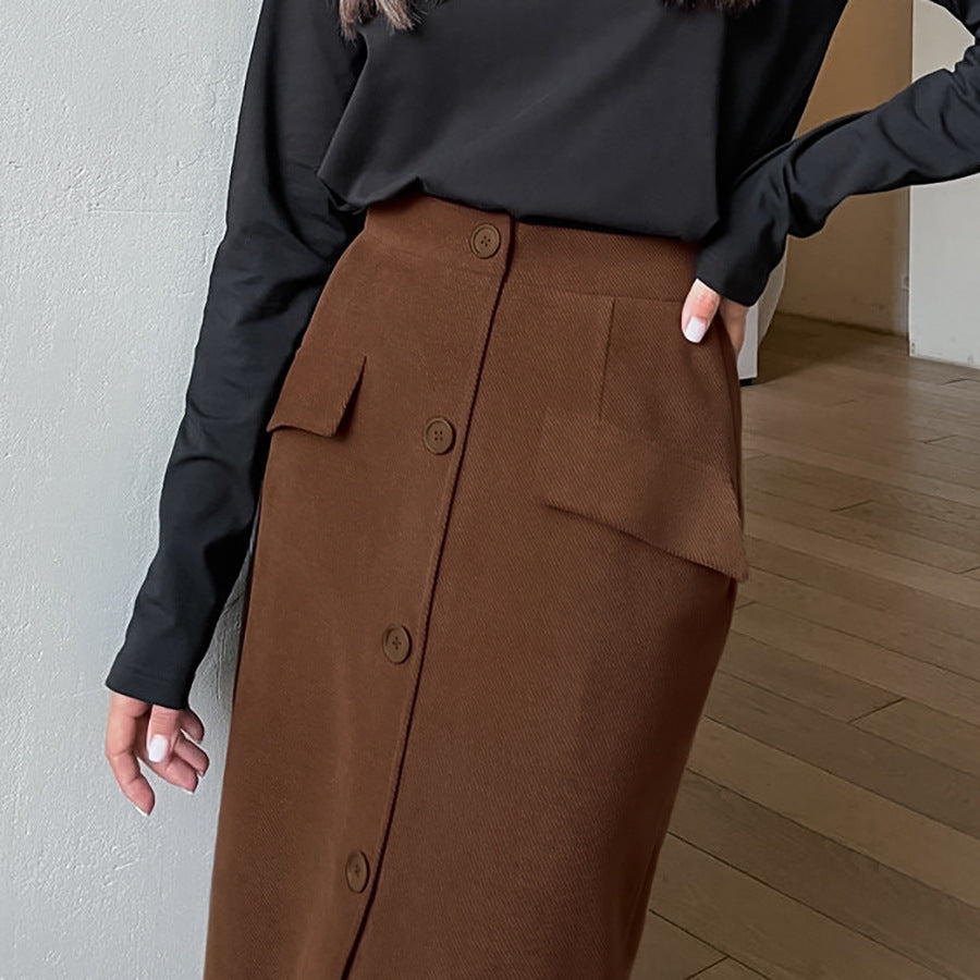 Fashion Retro Temperament Sense Of High-Waisted Slim-Fit Skirt Package Hip Skirt Sexy Slit Straight Skirt Long Skirt Autumn Dress