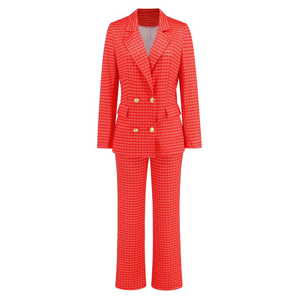 Autumn/Winter Women's New Thousand Bird Lattice Double-Breasted Suit Jacket + Slim Straight Trousers Suit Burst