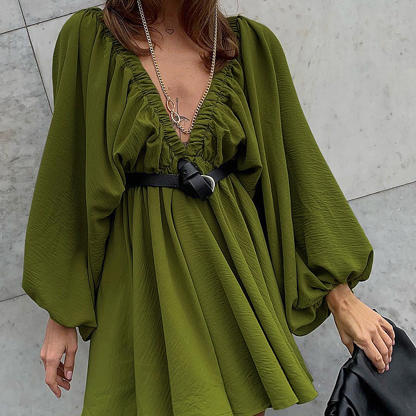 Autumn Women's Skirt Lantern Sleeve V-Neck Sexy Temperament Senior Vintage Dress