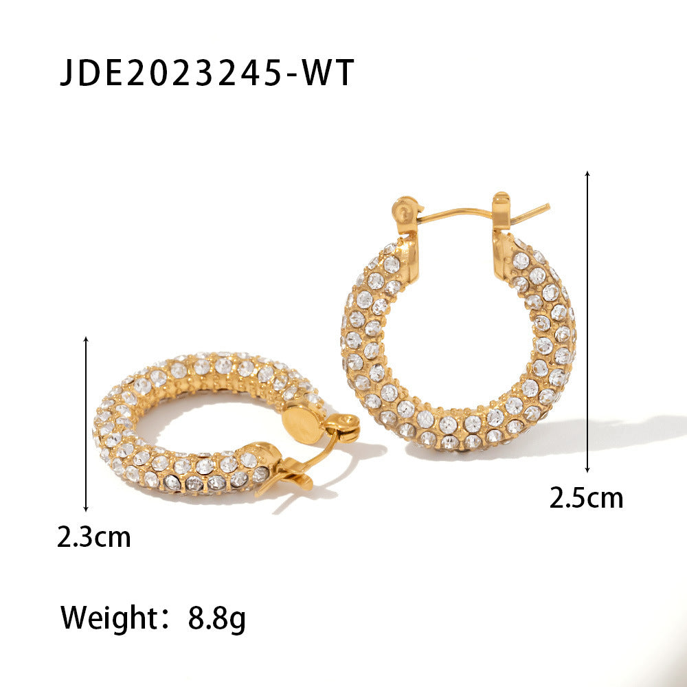 5pcs Fashion Women All Round Hoop Earrings Large Dense Inlaid White/Green Diamond Stainless Steel Earrings Jewelry