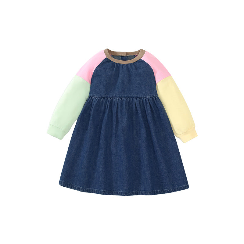 Long Sleeve Girls Denim Skirt Cute Color Matching Girls Skirt Pure Cotton Children's Skirt