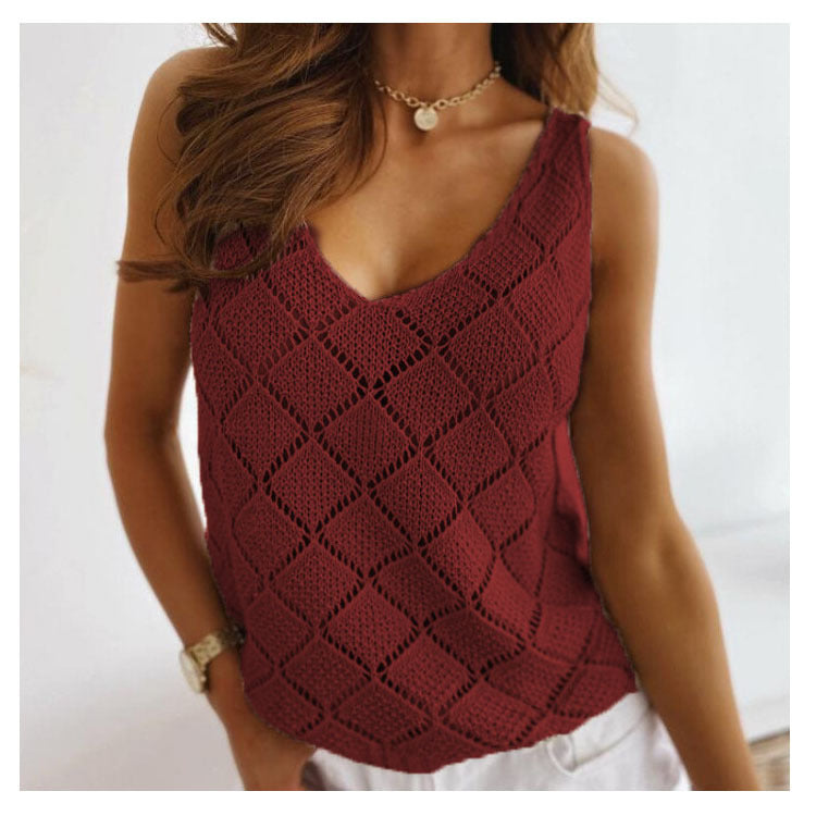 Summer New Diamond Hollow V-Neck Mature Solid Color Knit Sweater Vest Women