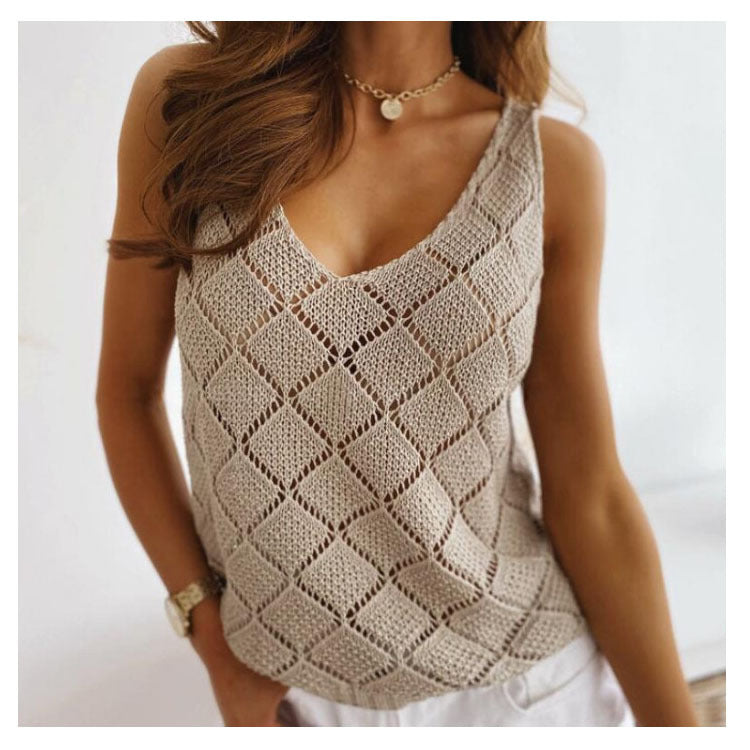 Summer New Diamond Hollow V-Neck Mature Solid Color Knit Sweater Vest Women