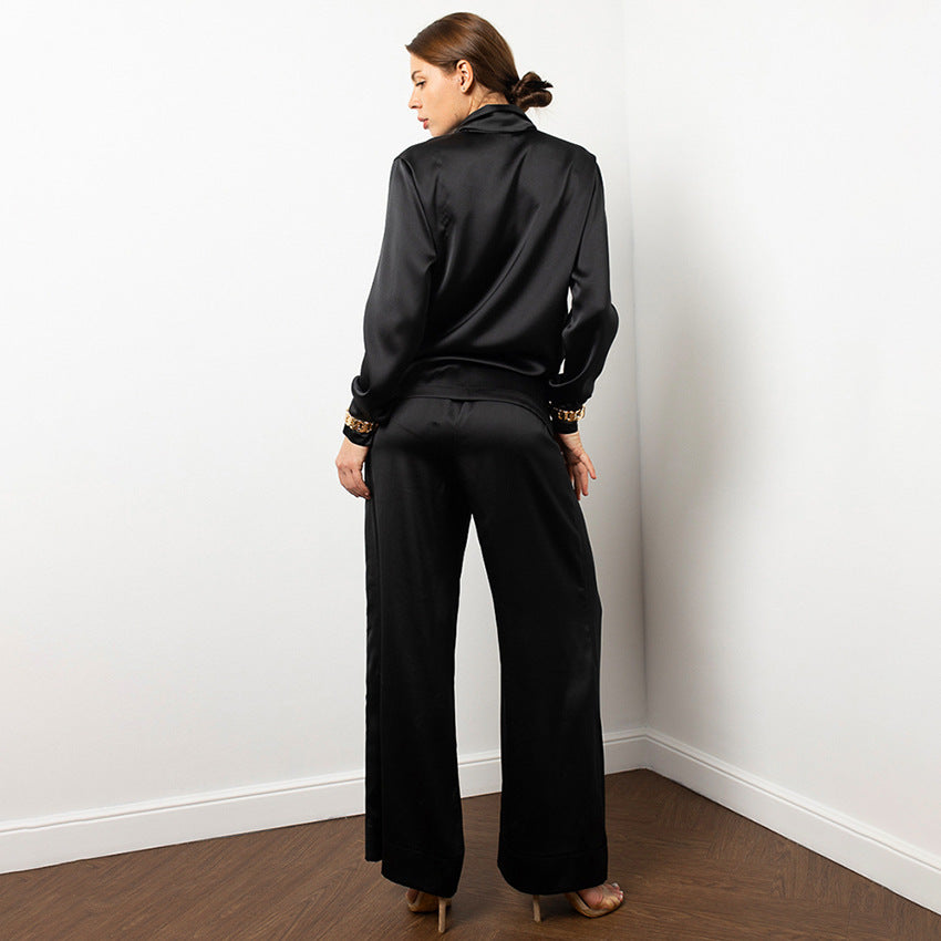 Lapel Long Sleeve High Waist Wide Leg Pants Two-Piece Suit Autumn And Winter New Fashion Woman