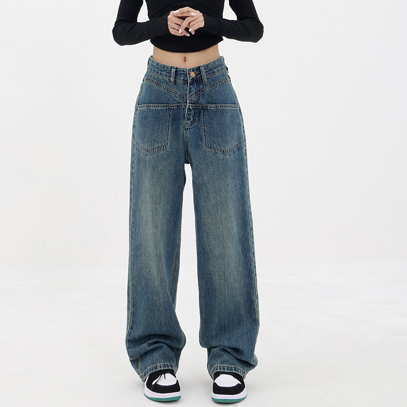 Retro Wash Straight Leg Jeans Women's Spring And Fall New Loose Wide Leg Mopping Trousers