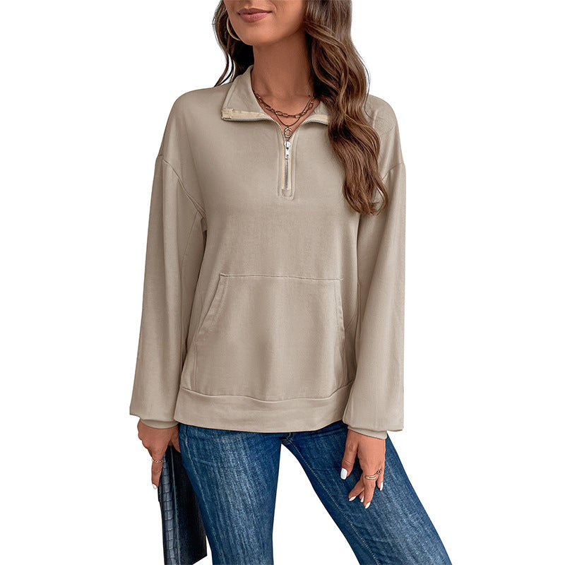 Autumn New Women's Lapel Long-Sleeved Top Zipper Loose Casual Hoodie T-Shirt