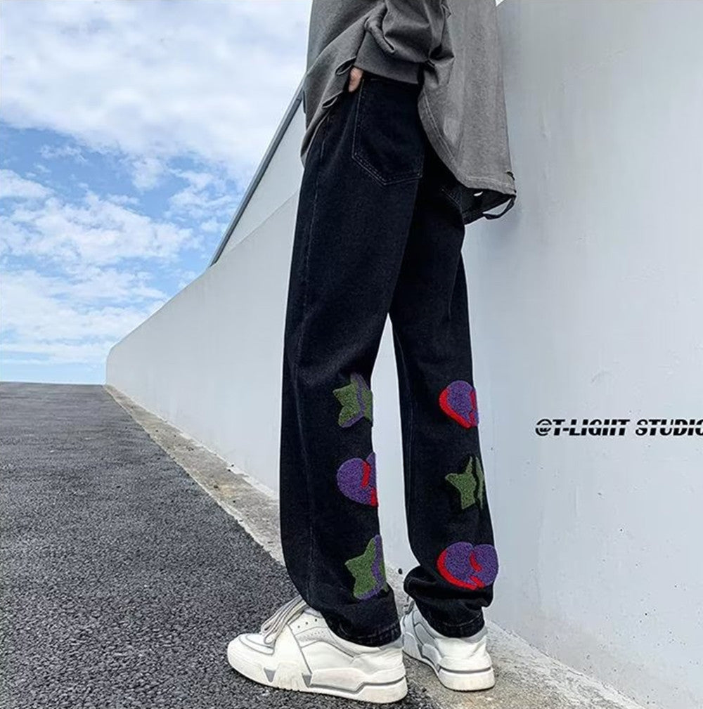 Men Niche Spring And Autumn High Street Vibe Slim Pants Towel Embroidered Straight Leg Casual Pants Jeans