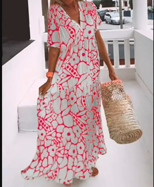 Dress Summer New Women Printed Short-Sleeved V-Neck Dress