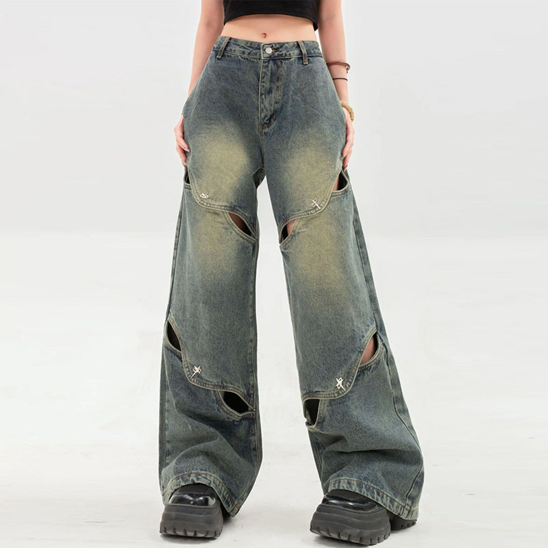 Wide-Leg Jeans Women's High Street Heavy Hollowed-Out Mops Vintage Long Pants