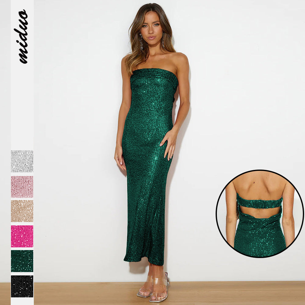 Bead Dress Sexy Strapless Sequin Dress High-End Women's Hollowed-Out Spice Girl Dress Bridesmaid Dress