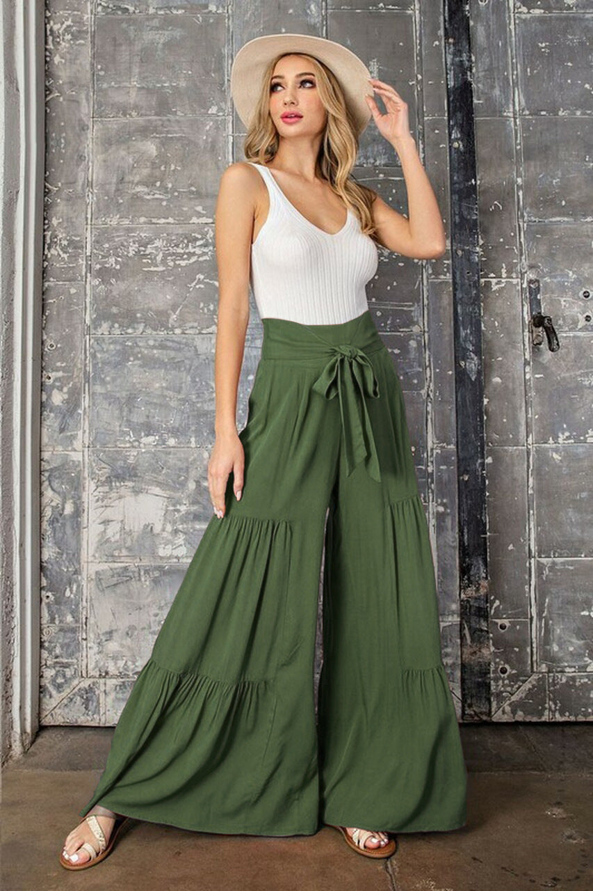Women's Fashion Temperament Lace-Up Elastic Waist Pleated Wide-Leg Pants Casual Loose Pants