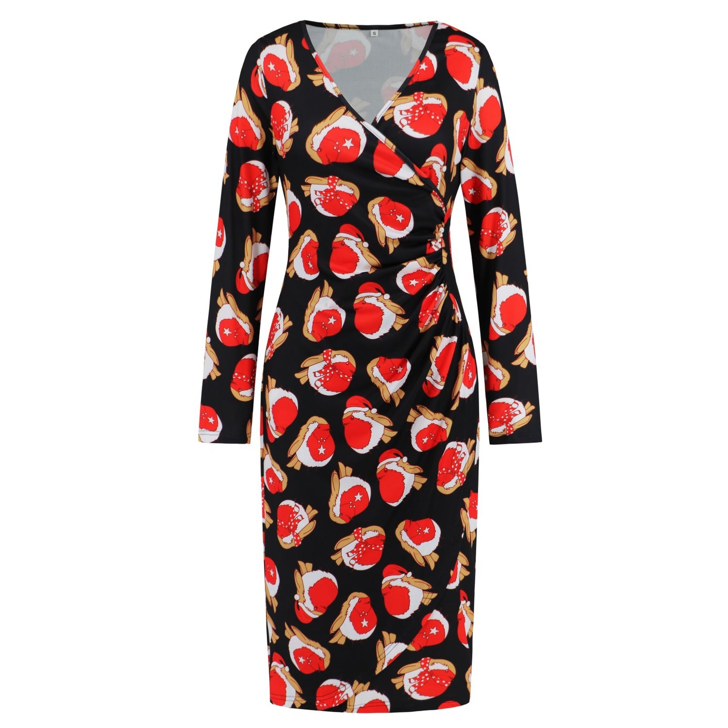 Christmas Printed Dress V-Neck Slimming Slim Dress Autumn And Winter Women's Plus-Size