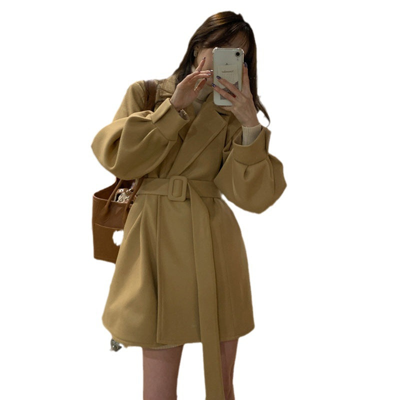 South Korea Chic Autumn And Winter Vintage Suit Collar Loose Belt Waist Collection Thin Clip Cotton Wool Coat Woman