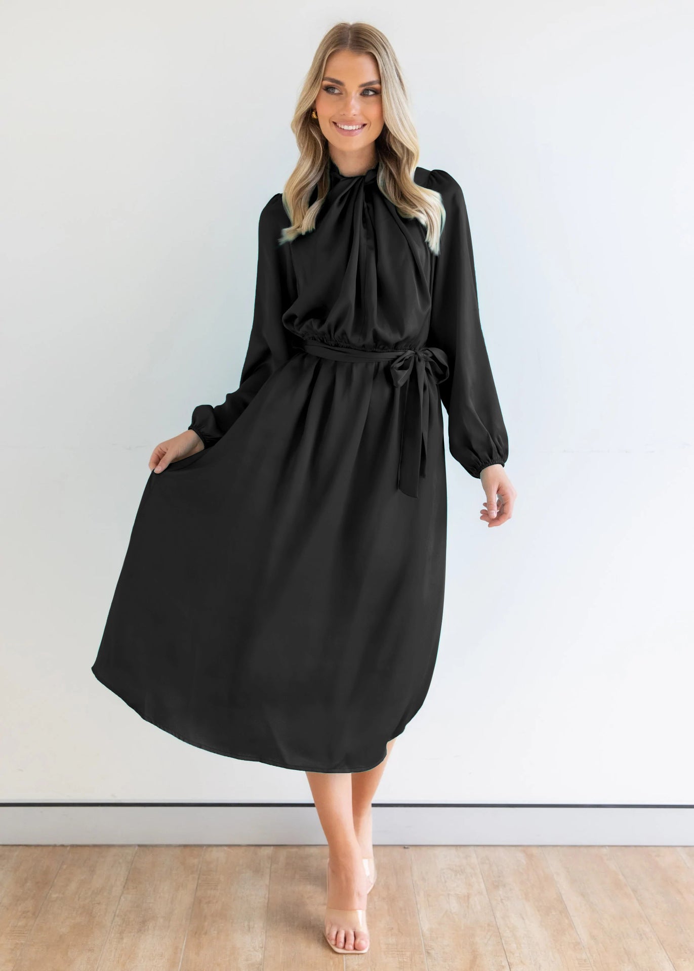 Fashion Trend Satin Elegance Haute Couture Dress Autumn Long Sleeve Party Dress