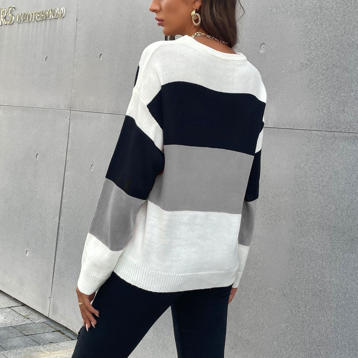 Striped Color Patchwork All-Match Knitwear Pullover Sweater for Women