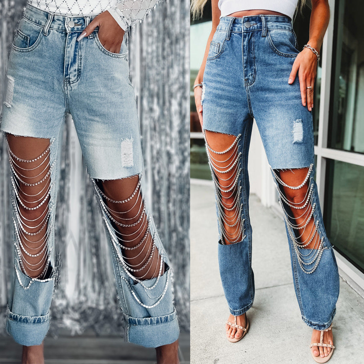 Early Spring Ripped Jeans Women's Chain Hanging Straight-Leg Pants