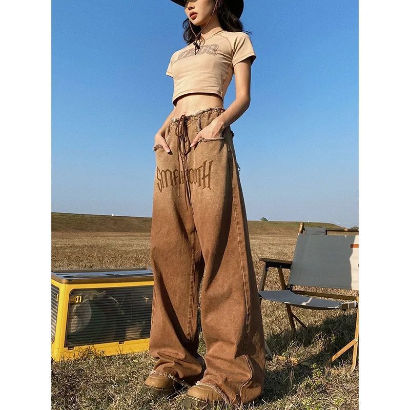 Retro Raw Edge Design Jeans Women's Summer Loose Wide Leg Slim High Waist Straight Leg Mop Pants