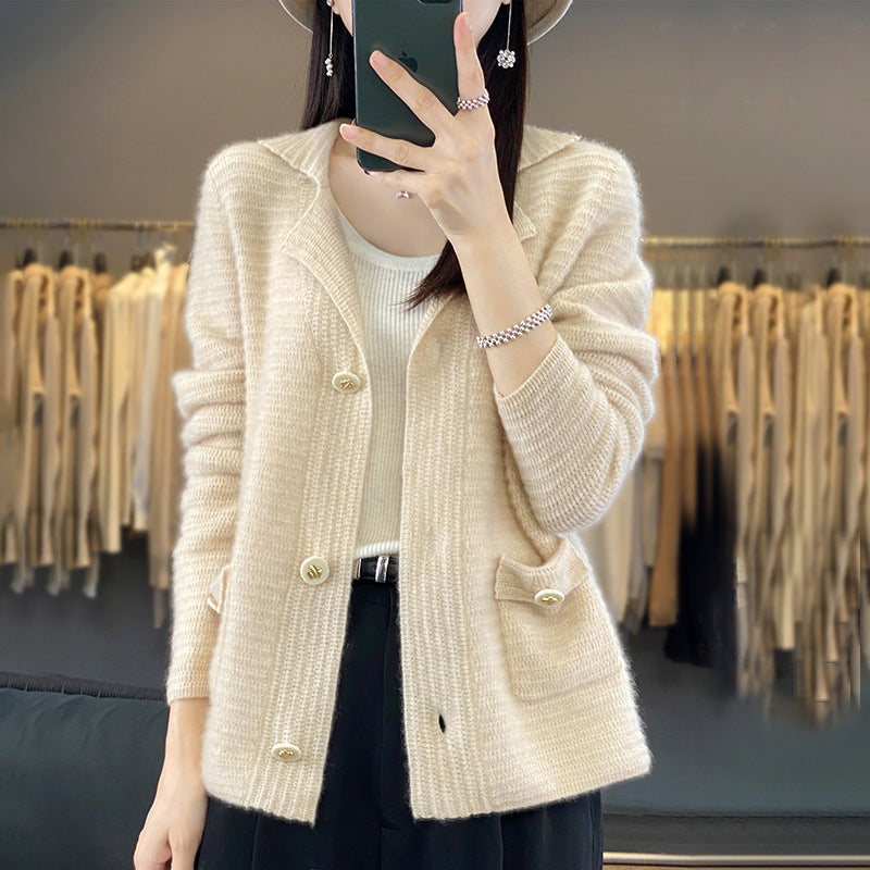 Autumn And Winter Knitted Suit Collar Loose Sweater Coat Slimming Top Knitted Sweater Pure Wool Cardigan Women
