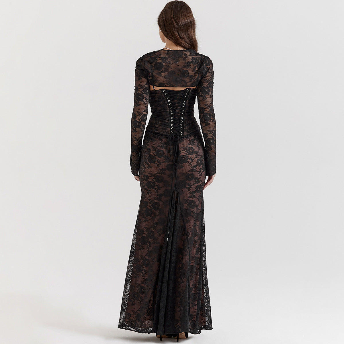 Women's Fall New Lace Shawl Suspender Long Dress Two-Piece Temperament Long-Sleeved Dress Fishtail Skirt