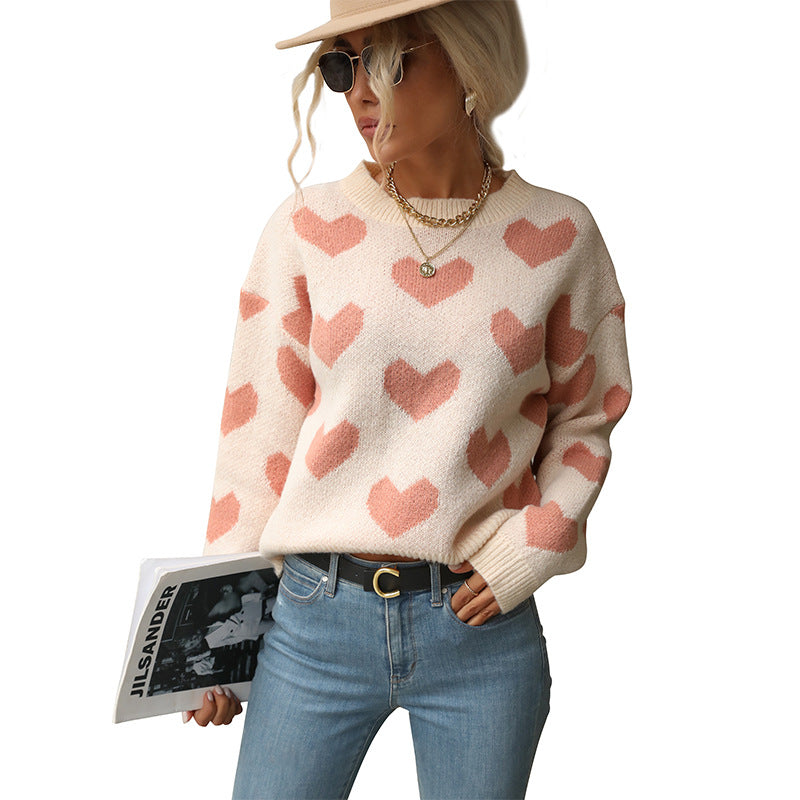 New Autumn And Winter Fashion Knitting Leisure Love Long-Sleeved Pink Sweater