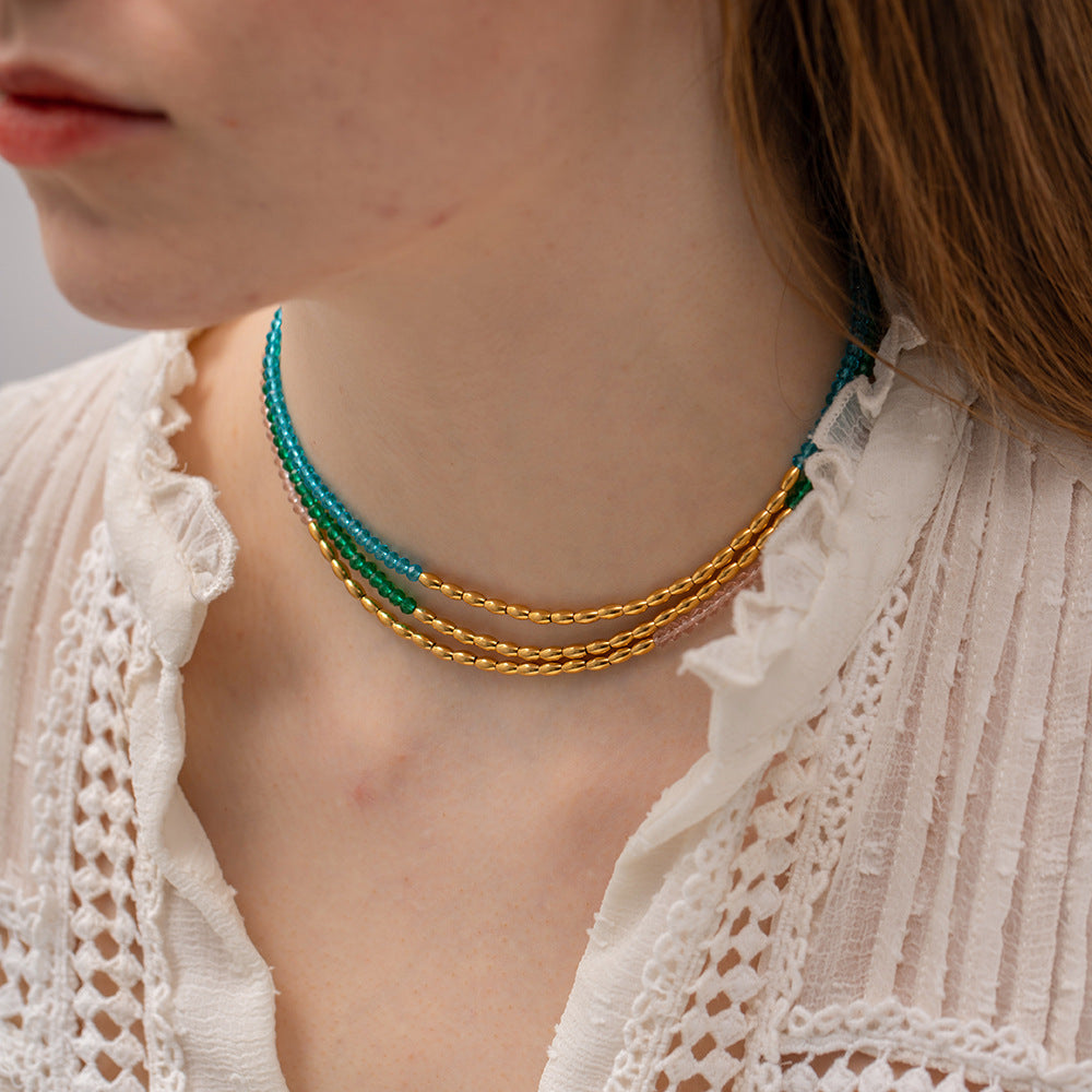 5pcs Fresh Summer Titanium Steel Necklace Women's High-Grade Sense Does Not Fade Color Minority Color Beaded Necklace Jewelry