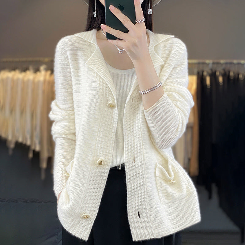 Autumn And Winter Knitted Suit Collar Loose Sweater Coat Slimming Top Knitted Sweater Pure Wool Cardigan Women