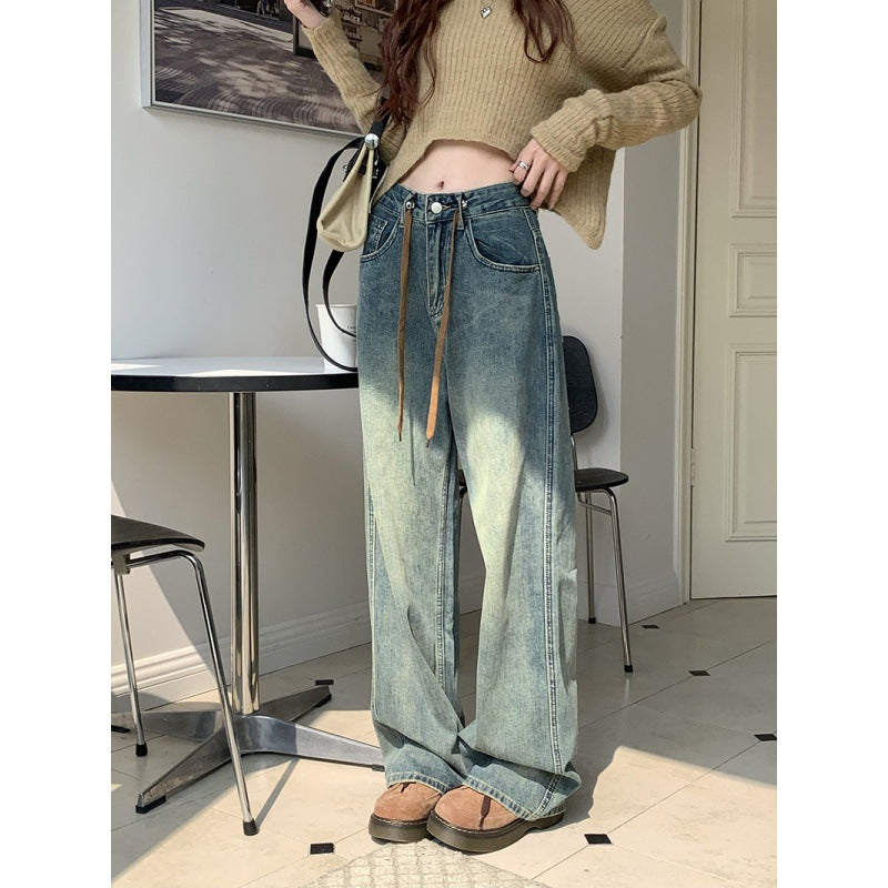 Real Autumn And Winter New Retro Retro Drawstring Cowboy Straight Barrel High Waist Wide Leg Mop Trousers